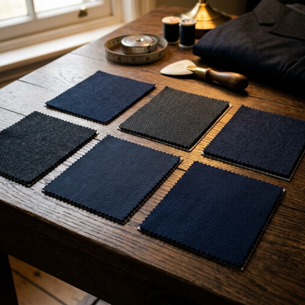 Selection of luxury Italian and English wool, cashmere, and silk suit fabrics