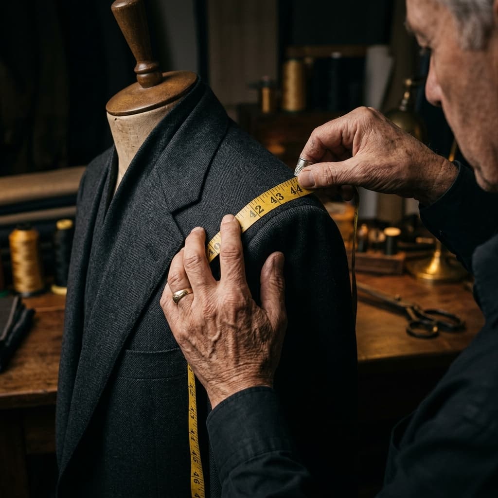 Master tailor taking precise measurements for custom bespoke men's attire at Genial Stoffa