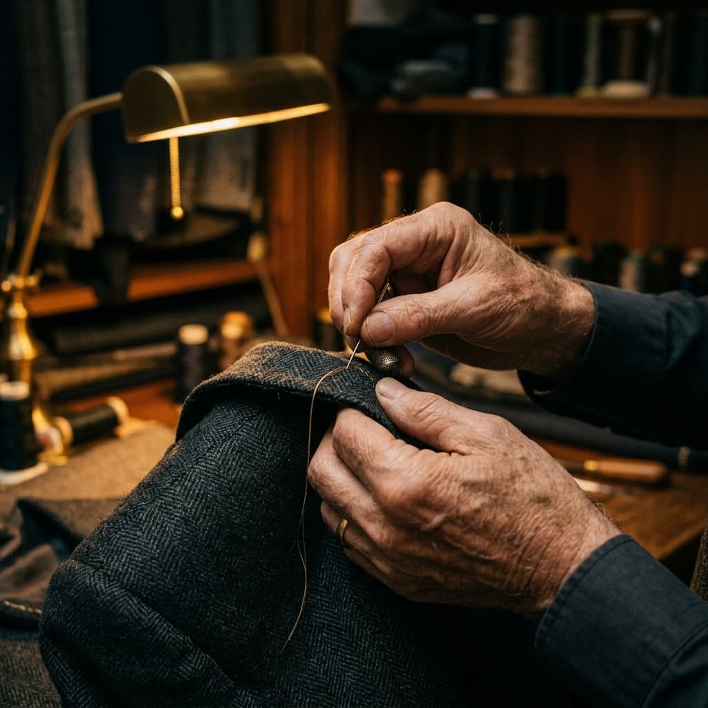 Master tailor hand-stitching floating canvas lapels on a custom jacket
